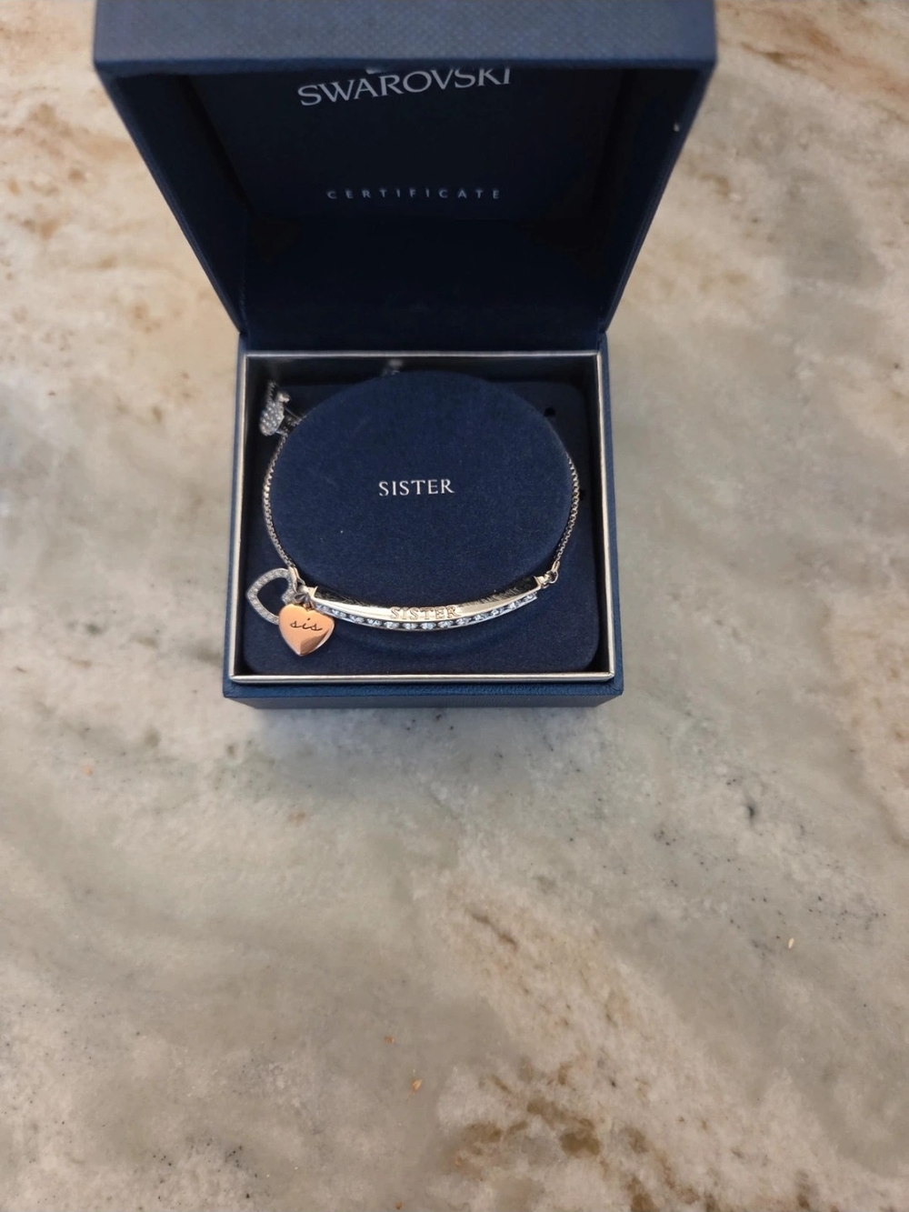 Swarovski Silver Bracelet with Rose Gold Heart 'SISTER' Charm